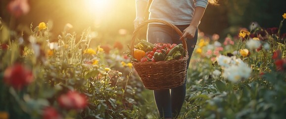 Woman carrying a basket of freshly picked vegetables in a flower garden at sunset.