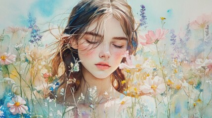 Young Woman in a Field of Wildflowers Illustrated in Watercolor
