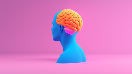 Healthcare internal organ 3D concept. A colorful 3D illustration of a human head with an orange brain, set against a pink background, symbolizing creativity and thought.