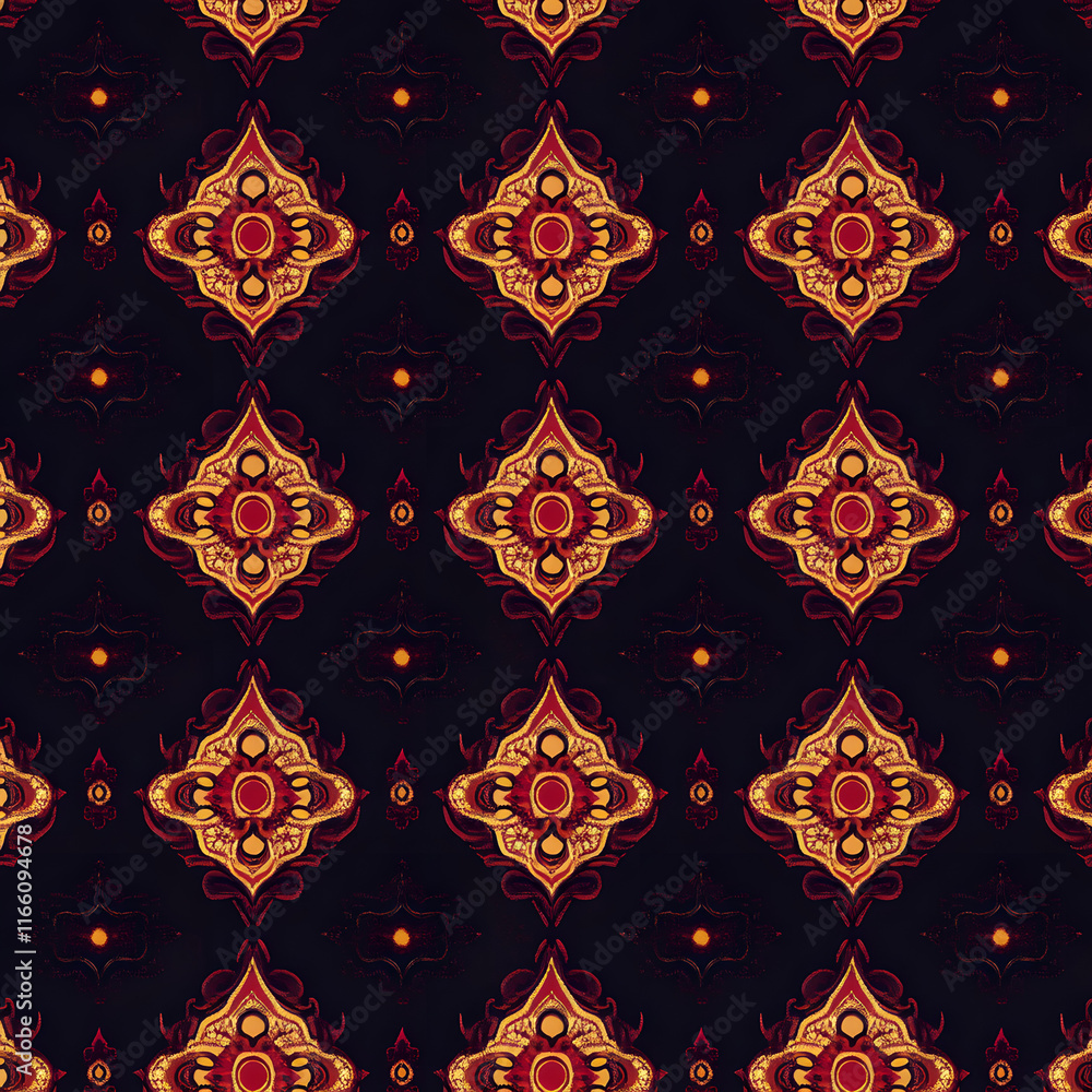 Poster intricate vintage pattern with golden and red motifs on a dark background. generative ai