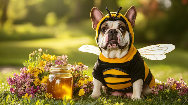 A bulldog in a bumblebee costume sitting beside a honey jar surrounded by flowers