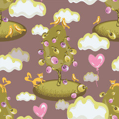 Vector pattern features a playful and warm design with stylized apple trees, heart shaped balloons, cheerful cats, and yellow birds. The background is a subtle taupe gray tone, adding a sense of calm