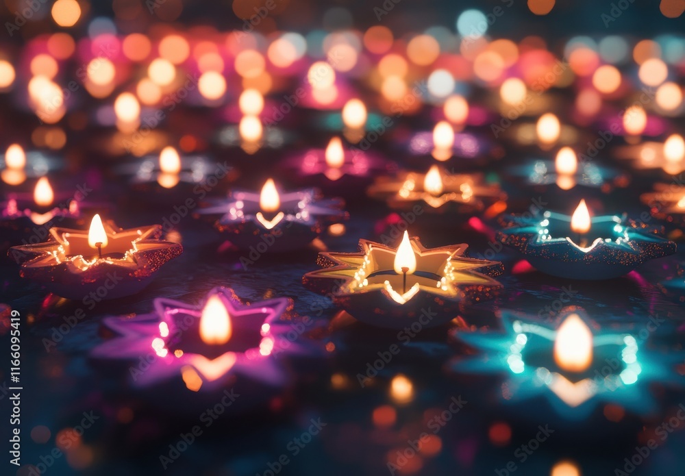 Poster colorful floating candles shining brightly in a tranquil setting, creating a serene atmosphere with 