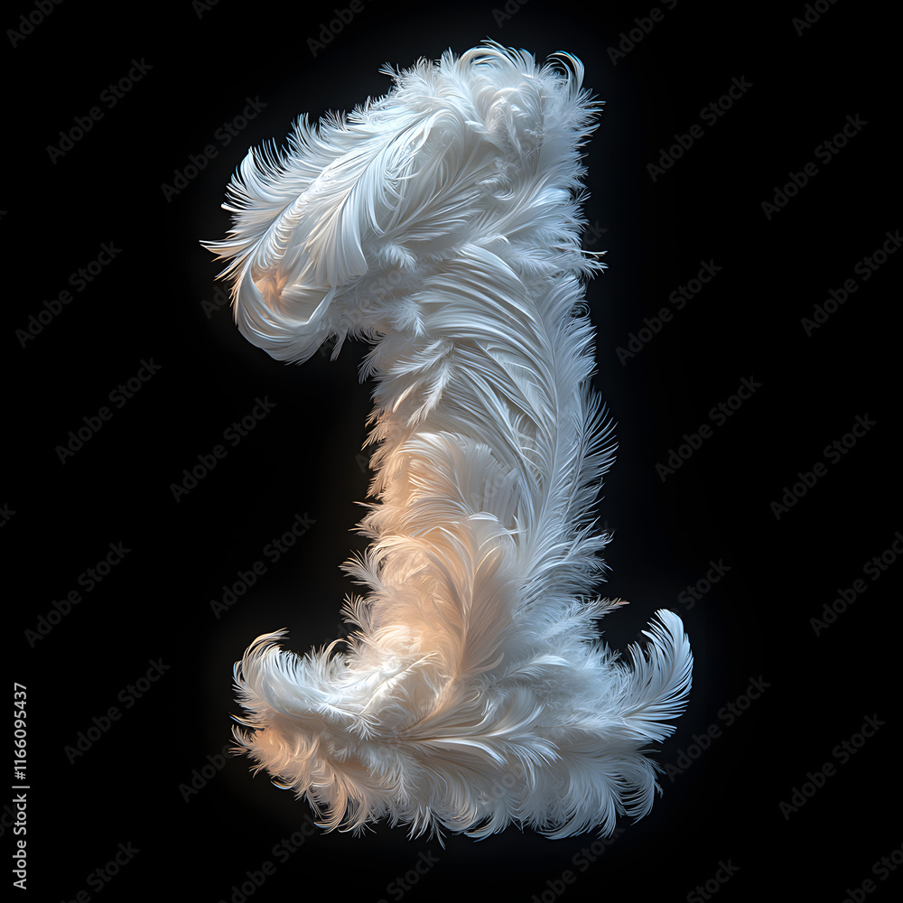 Poster unique fluffy number one created with white feathers against a dark background for decorative purpos