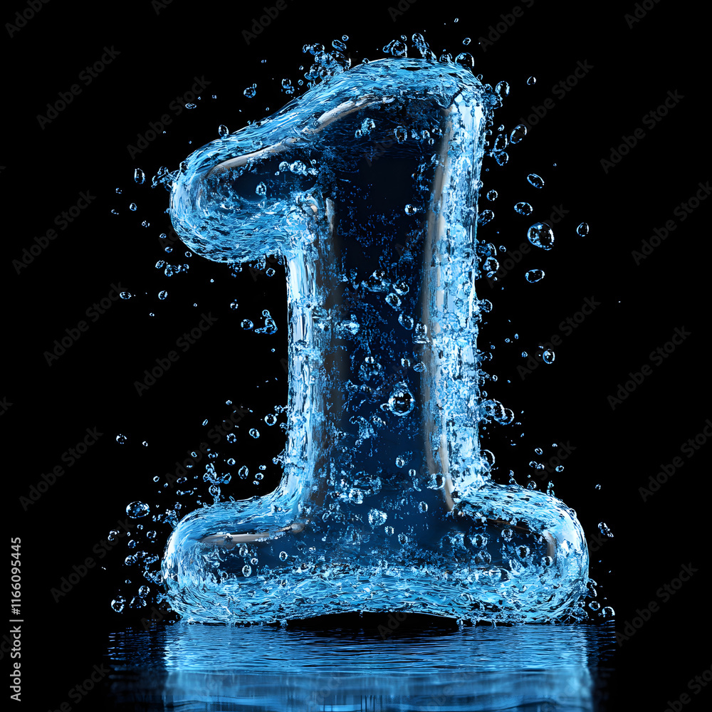 Poster water splashing around a transparent number one in front of a black background. generative ai