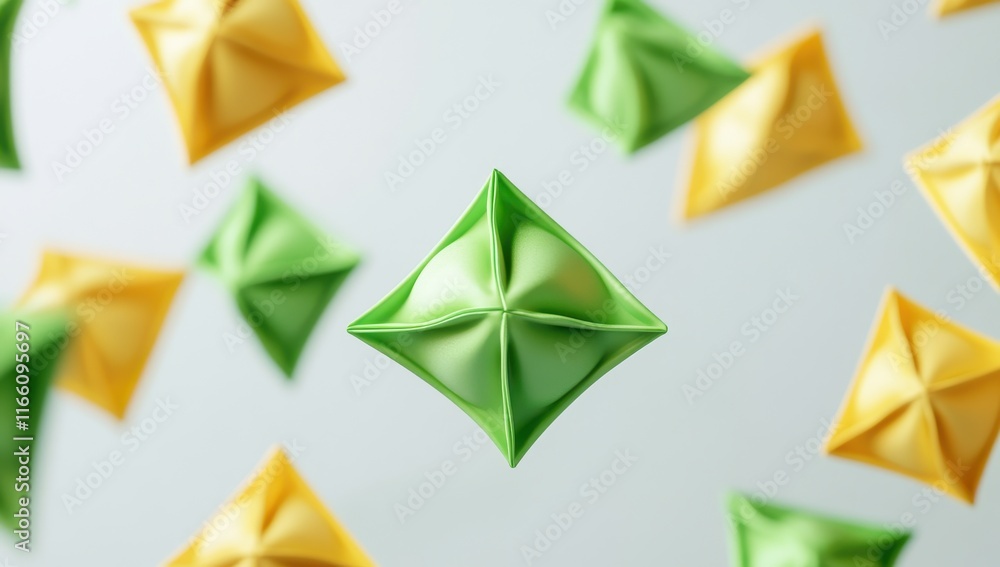 Poster Colorful Geometric Shapes in Motion Creating an Abstract Background with Green, Yellow, and Floating Three-Dimensional Elements for Creative Projects