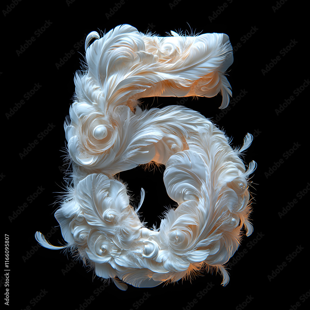 Poster Intricate white feather number five designed with elegant curves and textures in dark background. Generative AI