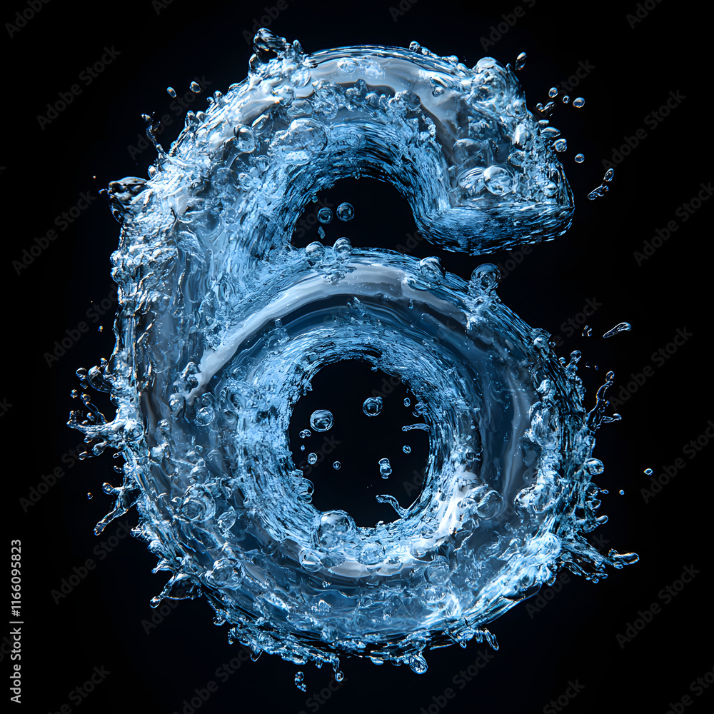 Poster water number six created with splashes and droplets against a dark background. generative ai