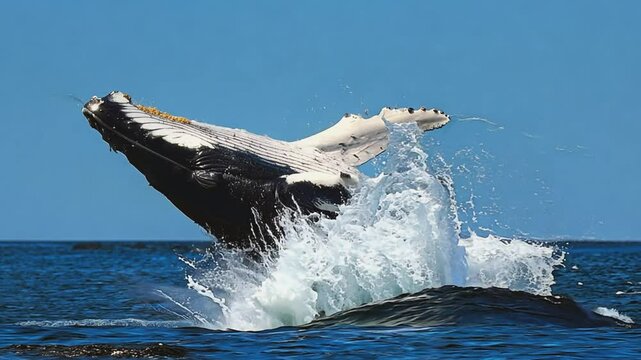 A majestic humpback whale leaps from the ocean's surface, creating a spectacular splash of water against the backdrop of a clear blue sky.