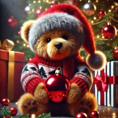 Fototapeta premium Cute Christmas teddy bear holding red Christmas bauble and red Santa hat