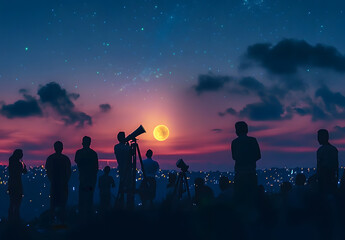 People watching through telescope for the new moon that signals the start fasting month of Ramadan