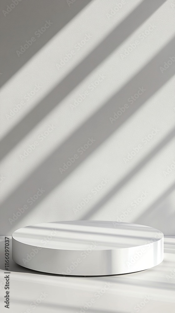 Aufkleber minimalist white product display podium with diagonal shadow lines creating geometric patterns on ba