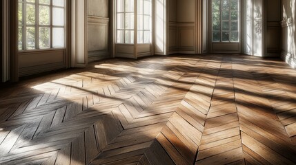 Obraz premium Sunlight streams into an empty room, highlighting the beautiful herringbone parquet floor