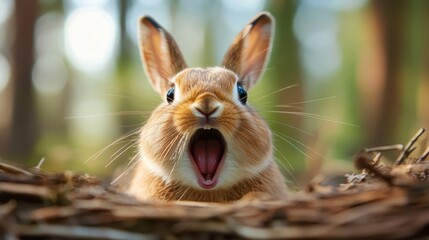 A surprised rabbit emerges from its nest, capturing a moment of wildlife wonder and curiosity, showcasing the beauty and innocence of nature in a vibrant forest setting.