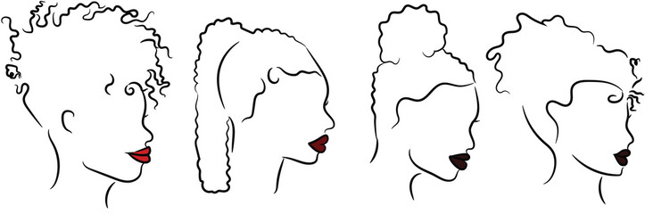 Simple and Minimalistic Line Drawing of Beautiful African American Women. Abstract Vector Illustration Art of Female Faces with Type C Hair, Outline for Logo.
