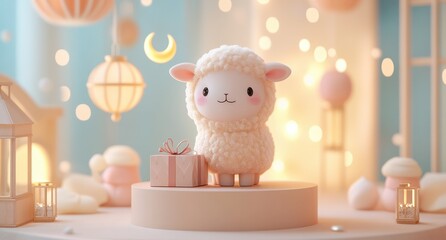 Cute and Adorable Cartoon Sheep Character with Gift Box in Pastel Decorated Room with Warm Ambient Lights and Soft Color Palette for Charming and Whimsical Celebrations