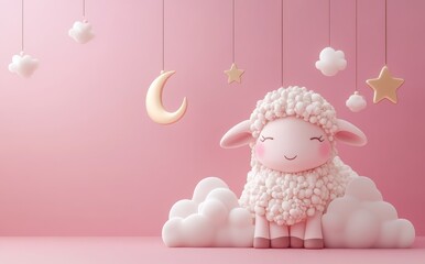 Naklejka premium Cute and Cuddly Sheep in Dreamy Pink Setting Surrounded by Clouds, Stars, and Moon, Perfect for Children's Decor or Nursery Theme
