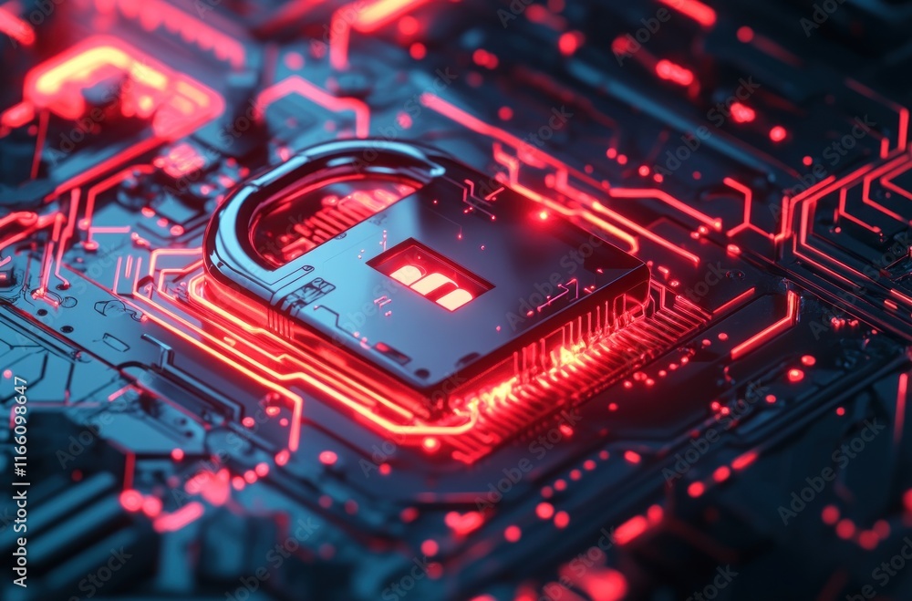 Poster cyber security concept padlock on illuminated circuit board.