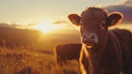 Golden Hour Cow Grazing in a Serene Plain Landscape