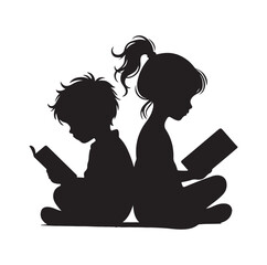 boy and girl reading book silhouette vector illustration