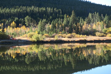 Autumn mountains seen from the lakeside of Lily lake, Estes Park, Colorado