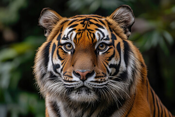 Obraz premium A majestic Sumatran tiger stares intensely, showcasing its striking orange and black stripes.