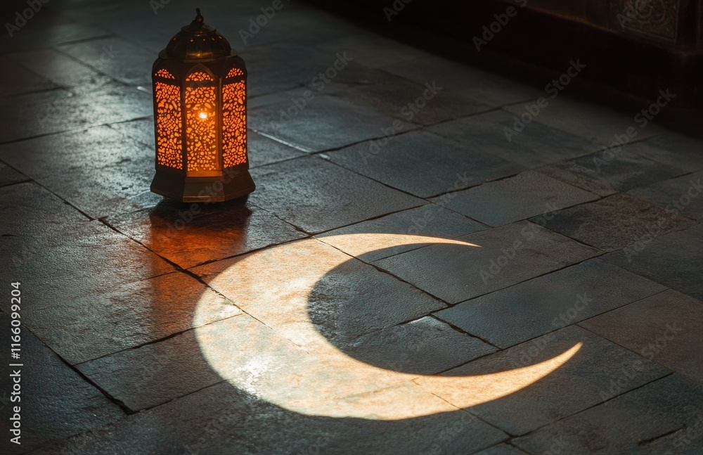 Poster decorative lantern casting crescent moon shadow on stone floor in a calm ambient setting for evening