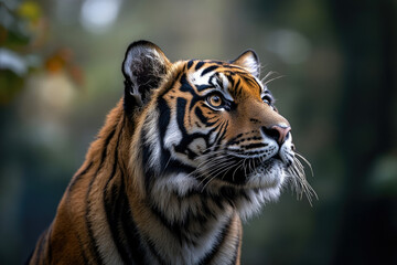 Obraz premium Majestic Sumatran tiger, its gaze directed upward, showcasing its striking orange and black stripes against a blurred green backdrop.