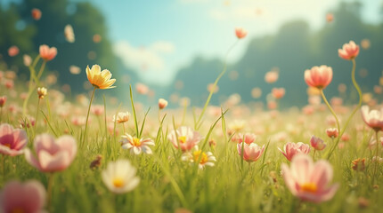 Field of Flowers with Pollen Flying in Air Close-up, Allergy Season
