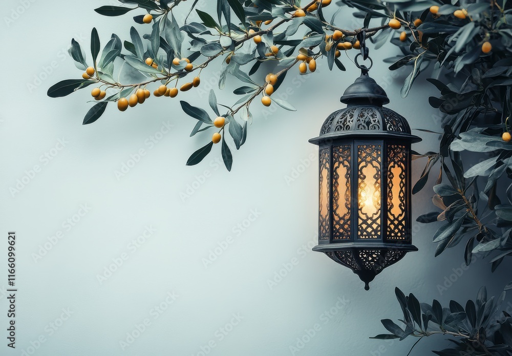 Aufkleber decorative lantern hanging from a leafy branch with ripe berries in warm light creating a serene and