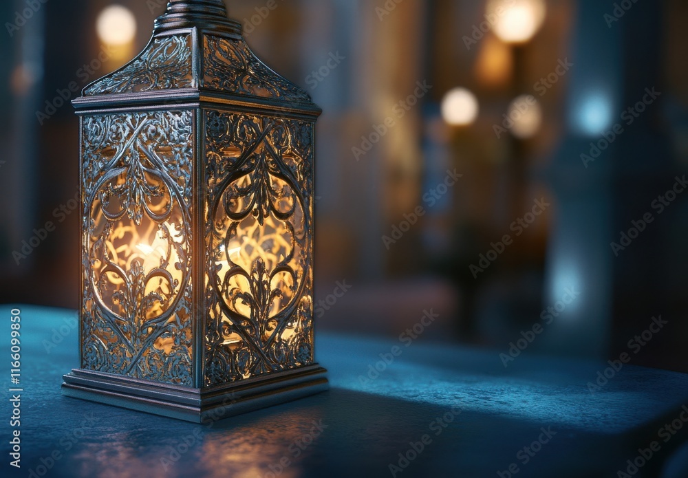 Poster decorative lantern with intricate design illuminating a dark room, creating a warm and inviting atmo