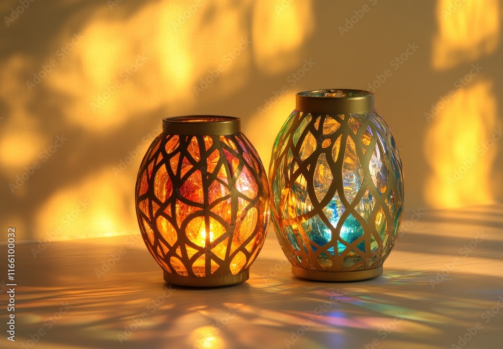 Poster decorative lanterns with colorful glass in an artistic design casting soft shadows on a wall, creati
