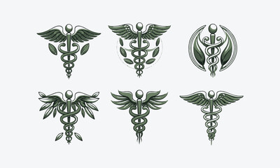 Collection of caduceus illustrations composted with poisonous snakes, easily editable.