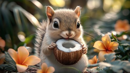 Adorable squirrel eating coconut among flowers.