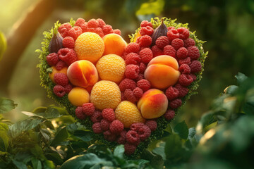 Naklejka premium A heart shaped arrangement of fresh raspberries apricots and figs bathed in sunlight.