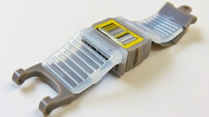 Close-up of a secure medical wristband with barcode, representing patient safety and healthcare security, on a clean white background with copy space.