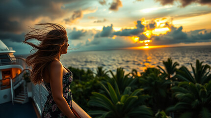 Beautiful Woman in Floral Dress Enjoying the Golden Hour on Cruise Deck with Ocean View