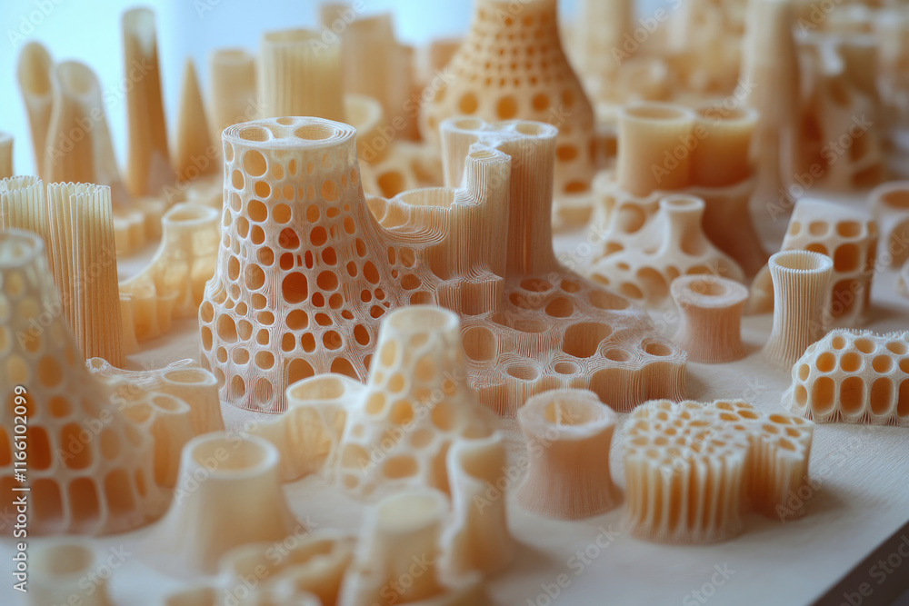 Poster 3d printed coral reef structures with intricate porous designs.