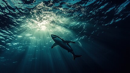 Shark silhouetted against sunlit ocean water.