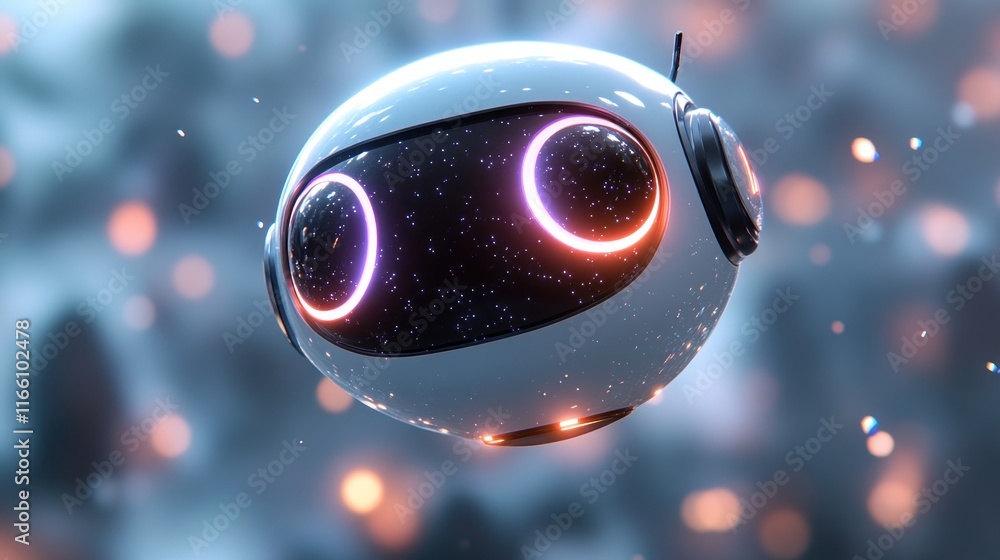 Aufkleber futuristic spherical robot with glowing eyes floats in a bokeh background.