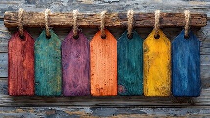 Colorful wooden tags hanging on a rustic background.