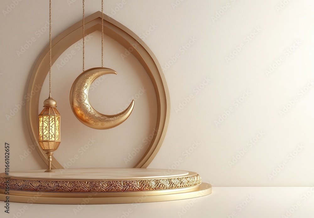 Poster elegant and serene crescent moon and lantern display with decorative backdrop for celebrations and r