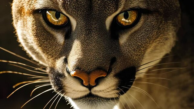 Majestic puma gazes intensely with striking golden eyes in natural habitat during daylight hours