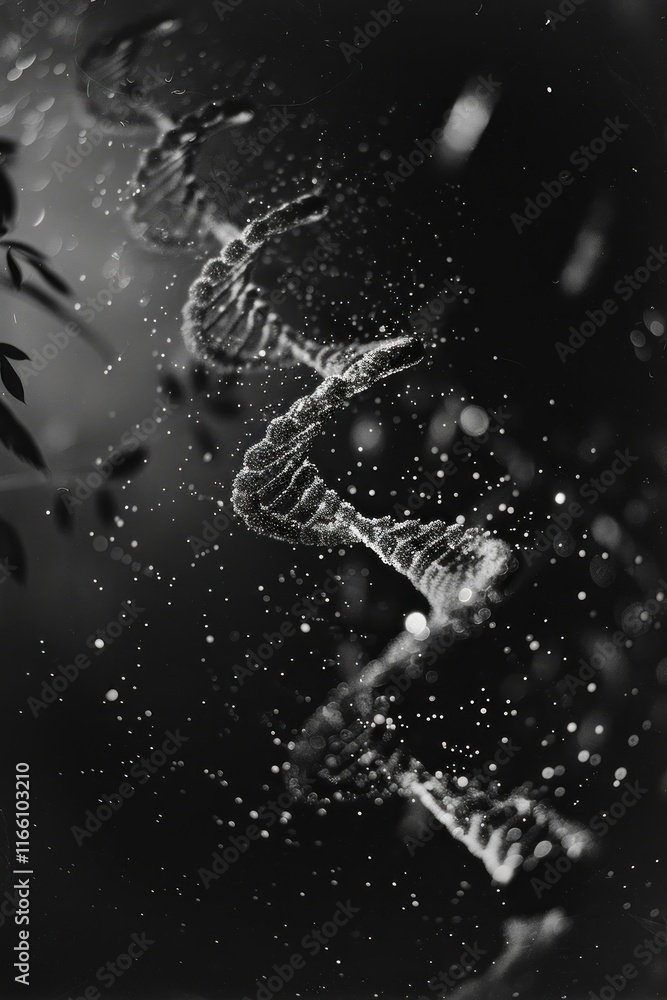 Poster abstract grayscale image of a swirling, dna-like structure with bokeh lights and leaves.