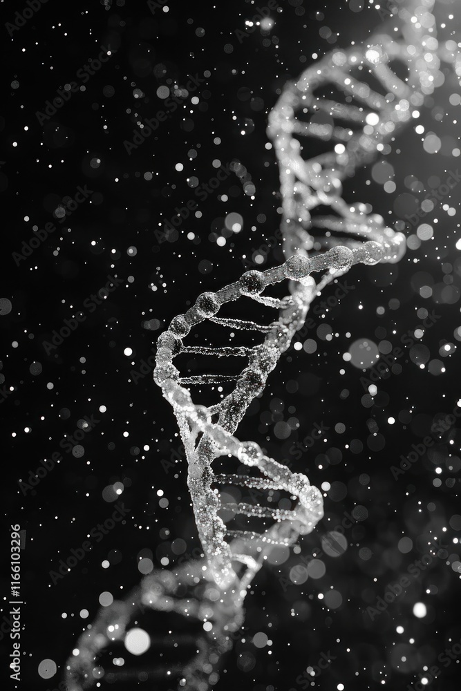 Poster double helix dna strand, glowing in dark background with particles.