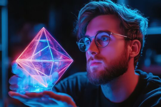 Man with glasses illuminated by glowing neon prism in futuristic light