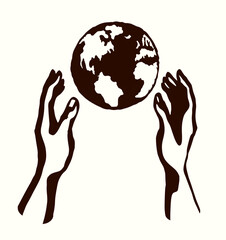 God's hand creates earth. Vector drawing