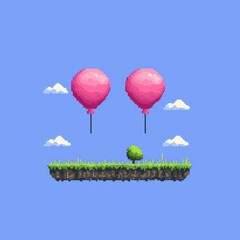 Obraz premium Pixel Art Floating Island Pink Balloons Sky Clouds Tree