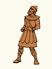 Vector drawing. The king looks at the youths in the oven