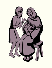 Vector drawing. Mother with baby